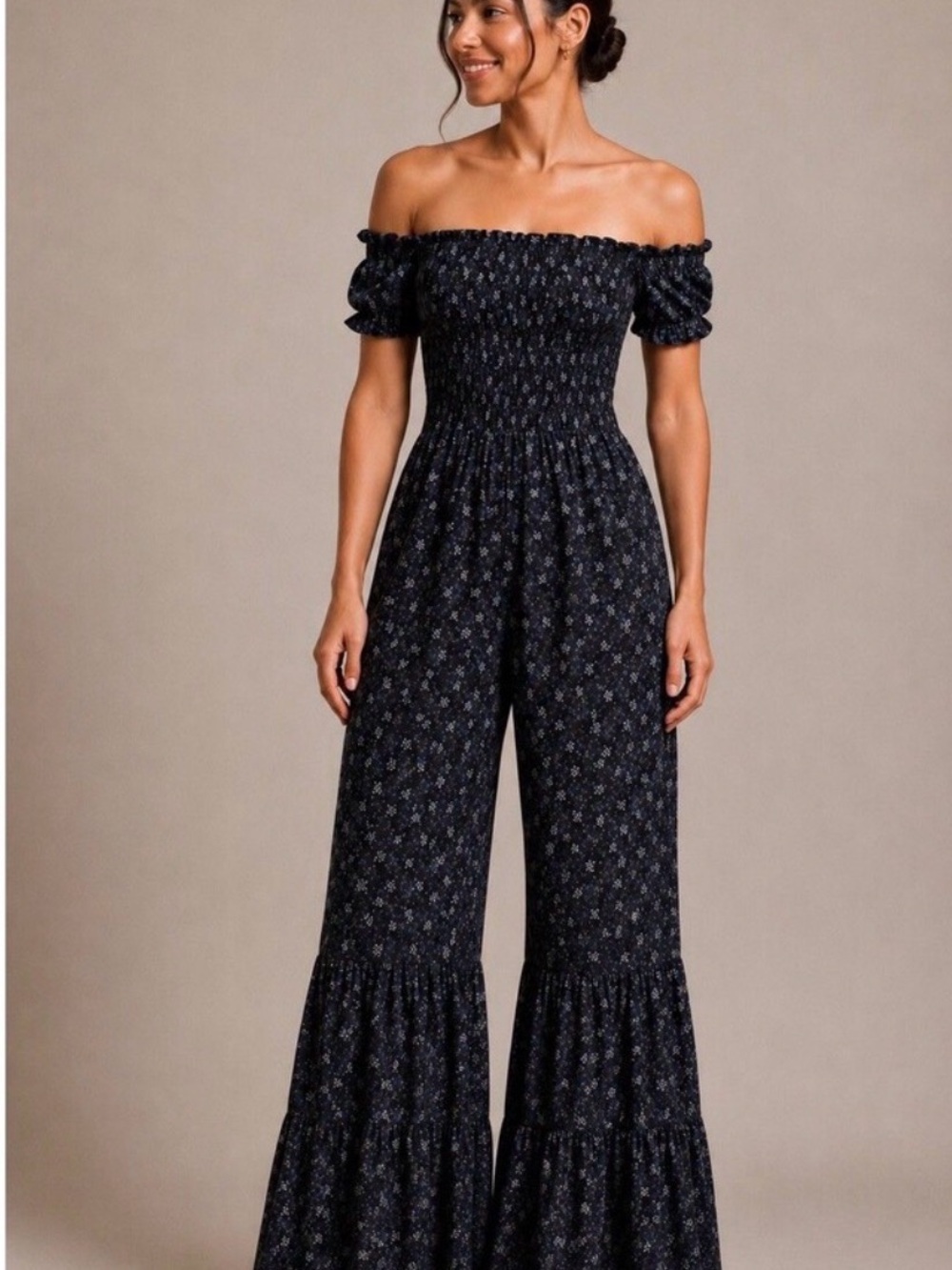 Women’s Sz L Black Floral Smocked Top Jumpsuit Off Shoulder Wide Leg NWOT